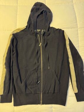 Navy Zip Hoodie Sweater with Gold Stripe Detail